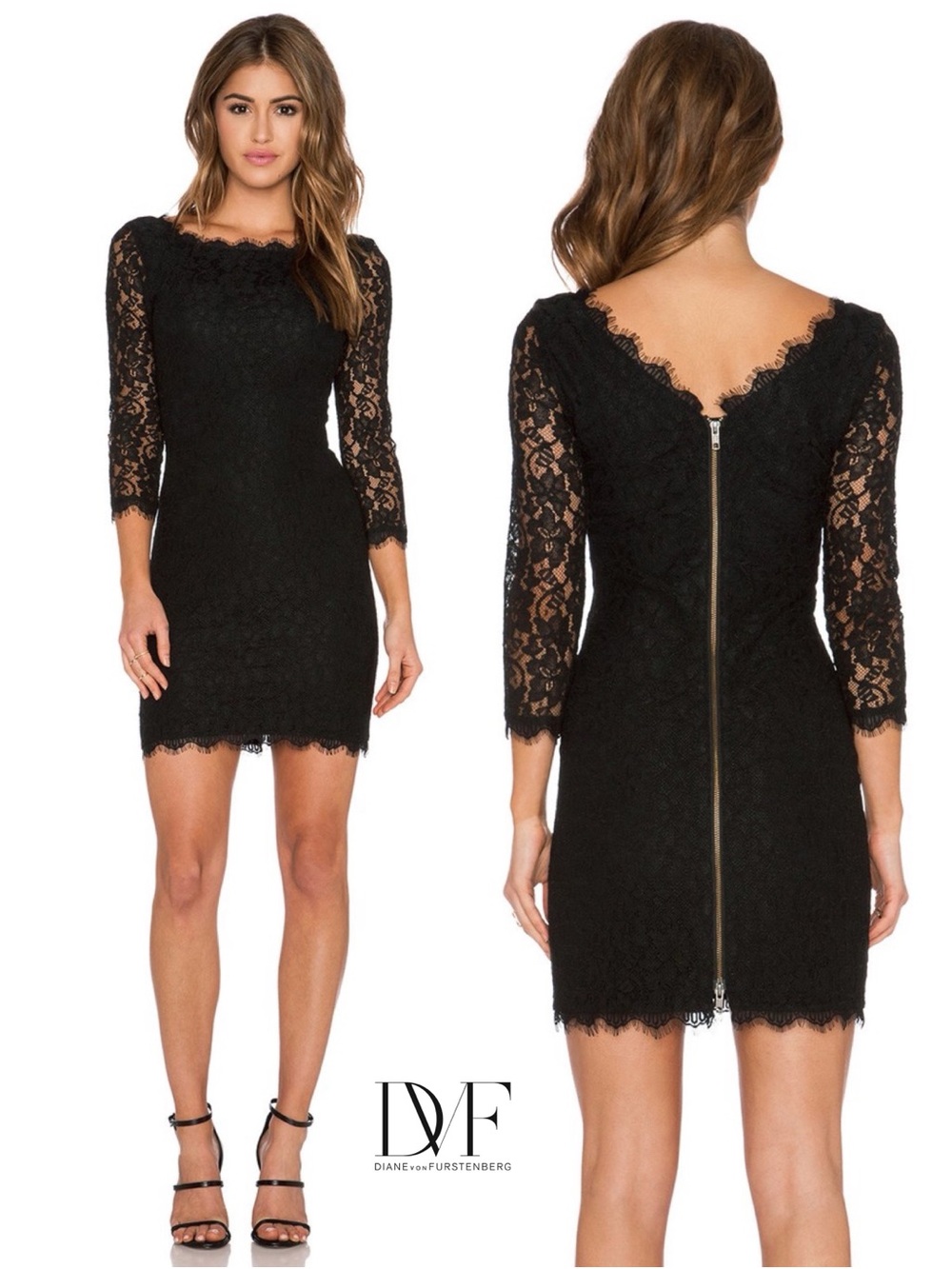 DVF Diane Von Furstenberg Zarita Black Lace Dress 6 LBD Eyelash Trim Cocktail